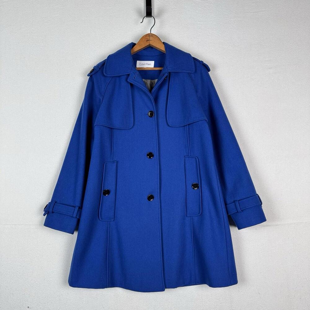 Calvin Klein Women’s Wool Blue Coat Jacket‎ Size 6 Flap Cape Modern Formal
